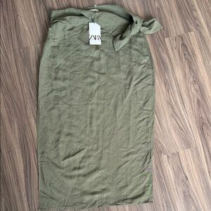 ZARA Olive Green Tie-Detail Pencil Skirt
